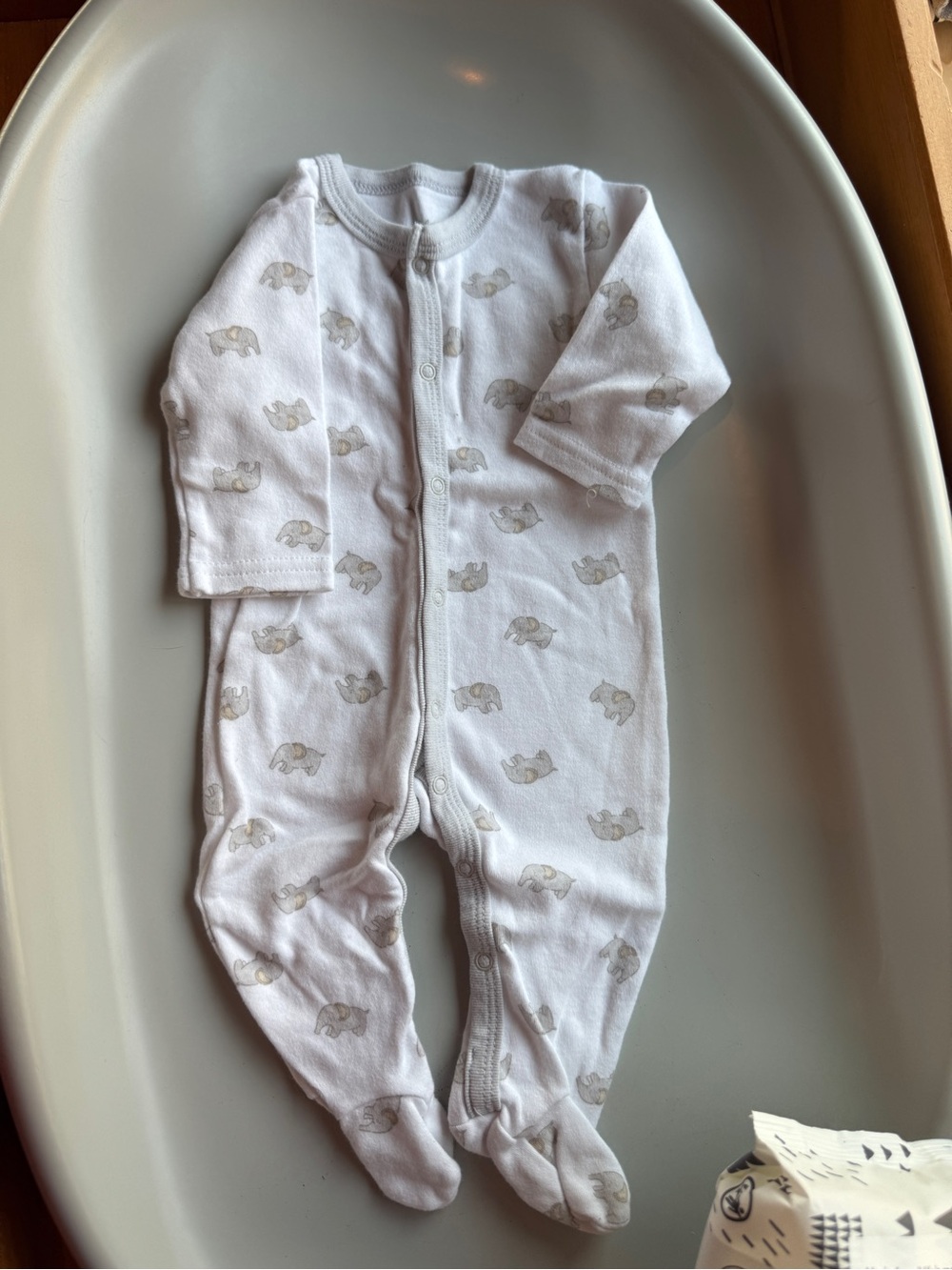 Rene Rofe White Footed Baby One-Piece with Gray Elephant Print